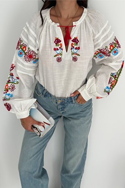 FEMELLE Women's Embroidered Blouse White Color Ethnic Pattern Flower Embroidery Embroidered Cotton Blouse