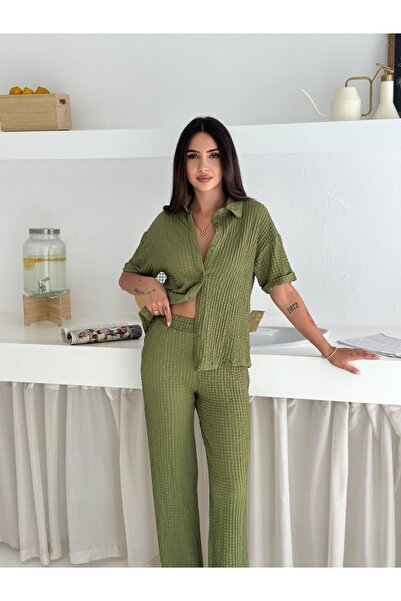 Ozy Fashion Green Seersucker Fabric Summer Double Suit