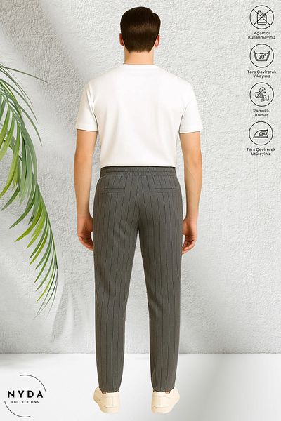 Nyda Collections Men's Crepe Fabric Striped Seasonal Pocket Elastic Waist Lace-Up Trousers