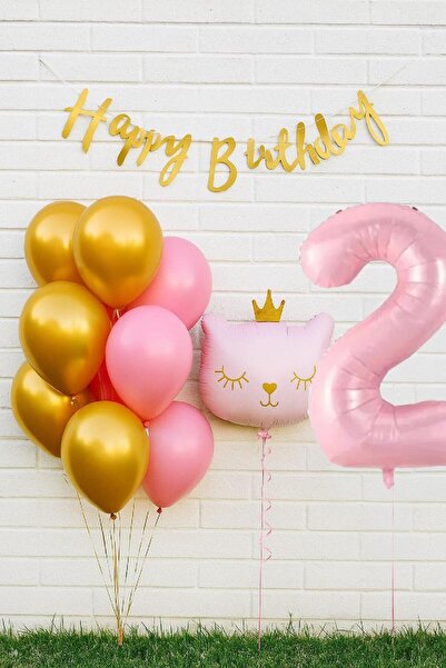 TATLI GÜNLER 2 Yaş Kız Doğum Günü Balon Seti – Pembe & Gold Renkli Lateks ve Folyo Balonlar (Kedi Figürlü)