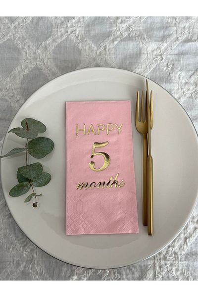 kidspartim Gold Gilded Pink Happy 5 Years Months Waiter Folded Napkin 16 Pieces