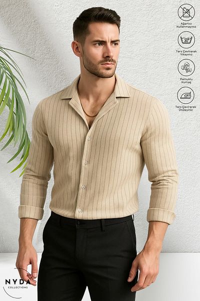 Nyda Collections Men's Crepe Fabric Striped Lycra Seasonal Long Sleeve Shirt