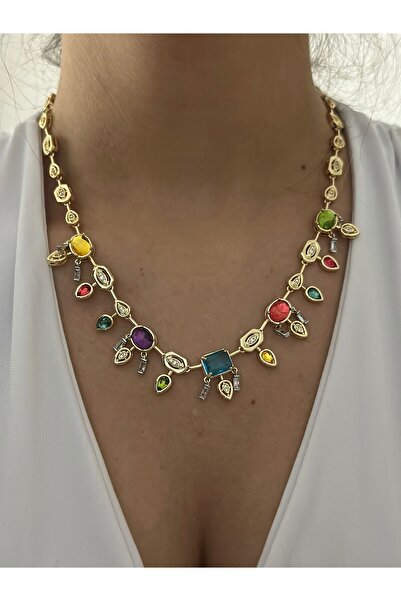 MyladyAccessoriess 14K Altın Kaplama Renkli Geometrik Kolye
