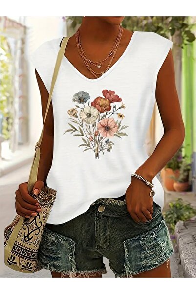 FUFLUNS تي شيرت نسائي بدون أكمام مطبوع عليه زهور