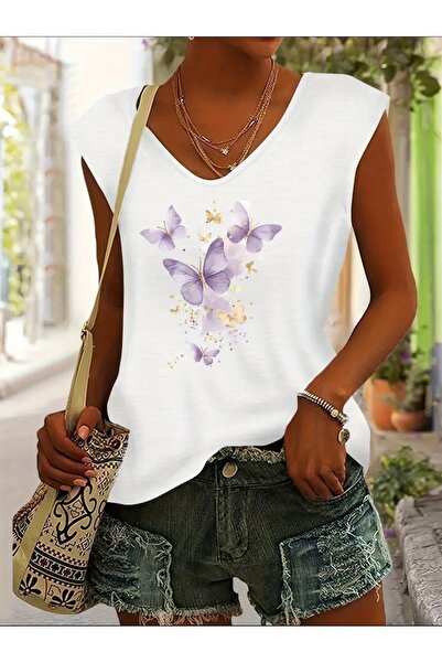 FUFLUNS تي شيرت نسائي بدون أكمام مطبوع عليه فراشة