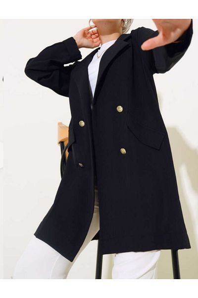 NOSHE Women's Gold Buttoned Sleeves Double Model Long Testured Thin Fabric Jacket