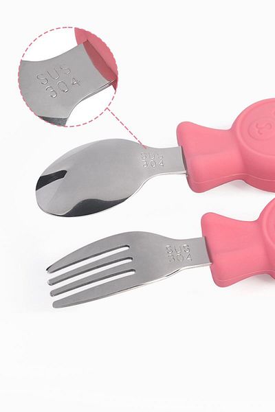 Chavin 304 Steel Pink Teddy Bear Model Baby Spoon and Fork Set Cin766Pm