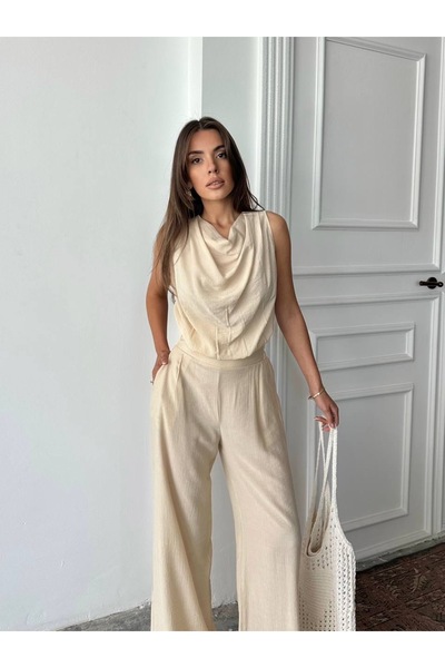 Butik Degaje yaka bohem krem takım