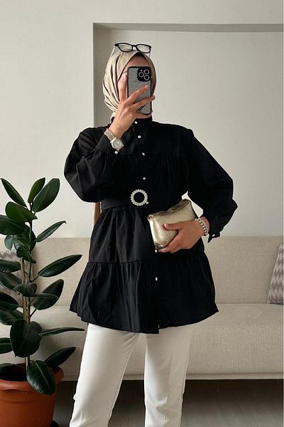 HİFADEN Women's Layered Hijab Shirt with Belt and Stone Button Detail