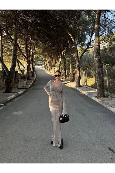 nedo7 V-Neck Square Neck Stitched Slit Long Dress - Stone