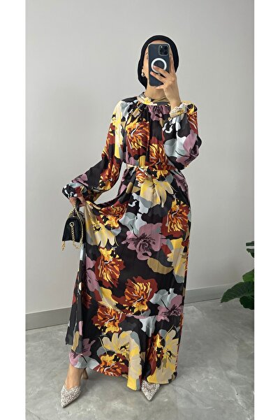 NİSUM MODA Σατέν Φόρεμα Hijab με Floral σχέδιο