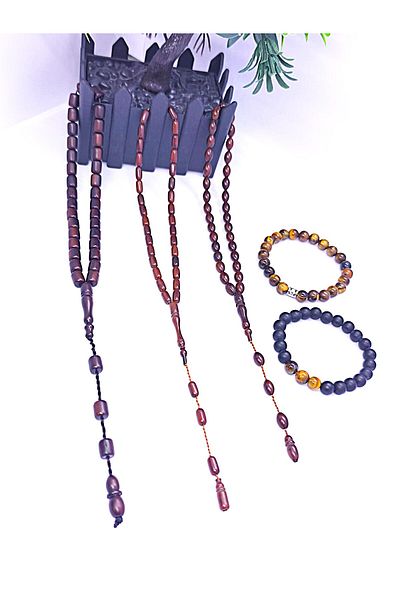 Lio20 German Fiber and 2 Kuka Prayer Beads + Onyx Stone Tiger's Eye & Classic Tiger's Eye Bracelet 5-Piece Combination Set