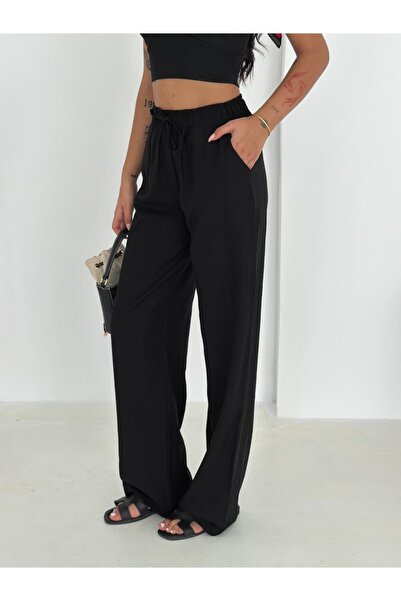 Ozy Fashion Black 100% Cotton Lace-Up Wide Leg Linen Trousers
