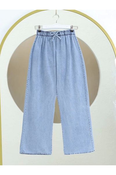 nedo7 Wide Leg Elastic Waist Lace Detailed Jeans - Ice Blue