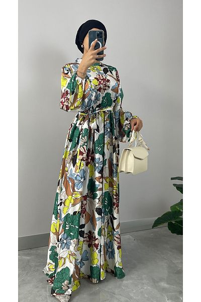 NİSUM MODA Floral Patterned Satin Hijab Dress