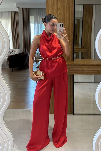 My Blog Red Satin Blouse Pants Suit - 304900