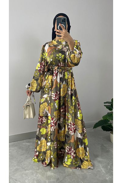 NİSUM MODA Floral Patterned Satin Hijab Dress