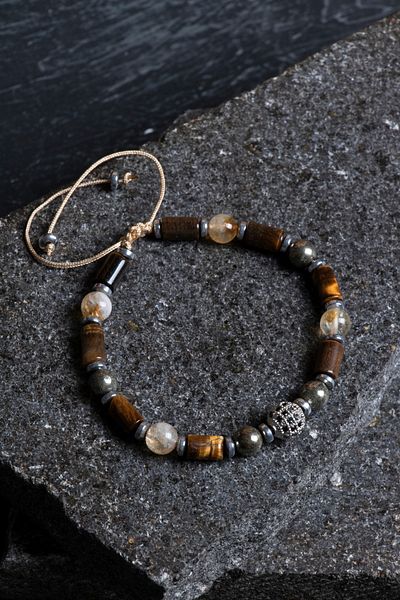 OSMANLI DOĞAL TAŞ Certified Tiger Eye, Pyrite, Citrine, Hematite Zircon Apparatus Natural Stone Macrame Bracelet
