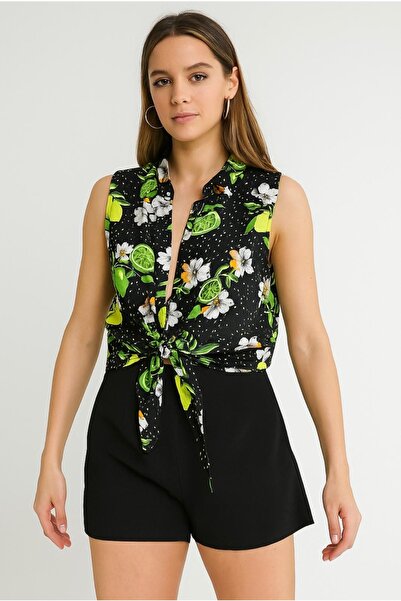 SheLoria Kadın Çok Renkli Limon Desenli Bağlama Detaylı Sıfır Kol Viskon Gömlek