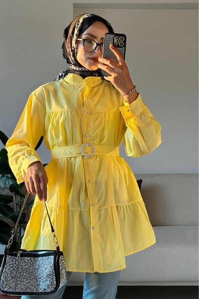 HİFADEN Women's Layered Hijab Shirt with Belt and Stone Button Detail