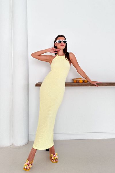 MOZENA Halter Neck Seersucker Long Dress with Slit Back