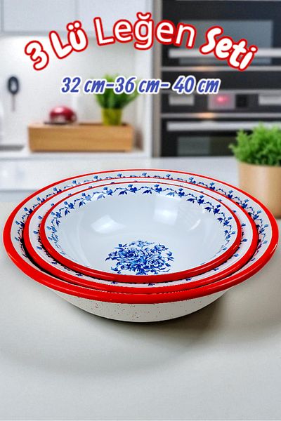 İnci Emaye 32 Cm-36 Cm-40 cm 3-Piece Enamel Basin Whisk and Mixing Bowl, Dough Basin, Fruit Bowl, Dowry, Gift,