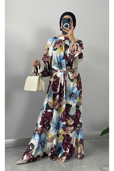 NİSUM MODA Floral Patterned Satin Hijab Dress