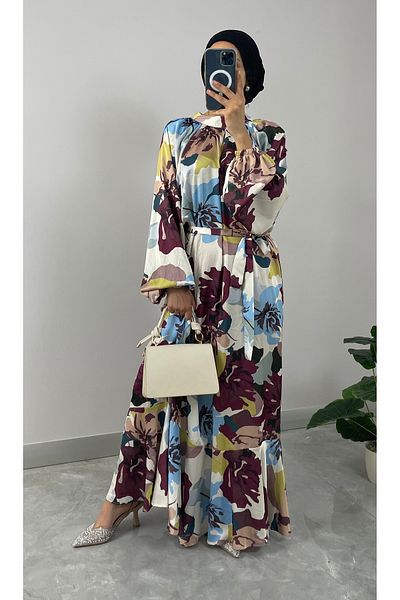 NİSUM MODA Floral Patterned Satin Hijab Dress