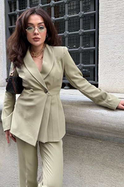 AKD Atelier Kadın İkili Blazer Ceket Pantolon Takım Pile ve Düğme Detaylı Boru Paça