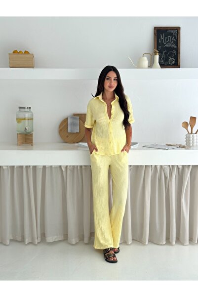 Ozy Fashion Sarı Gofre Kumaş Yazlık İkili Takım