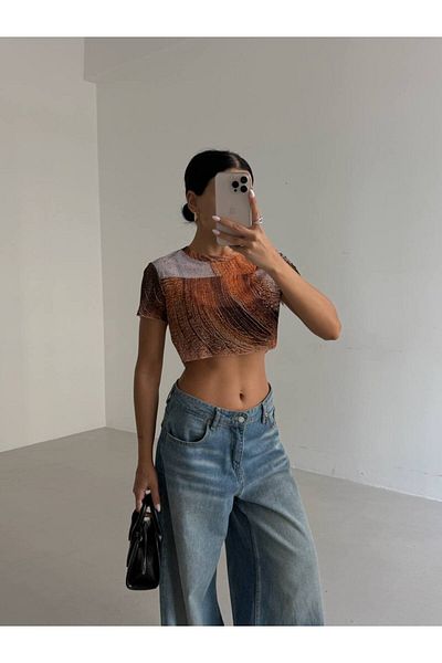Güneş Texture Patterned Transparent Crop Blouse – Coffee Shades