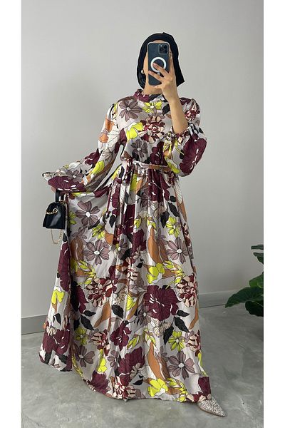 NİSUM MODA Floral Patterned Satin Hijab Dress