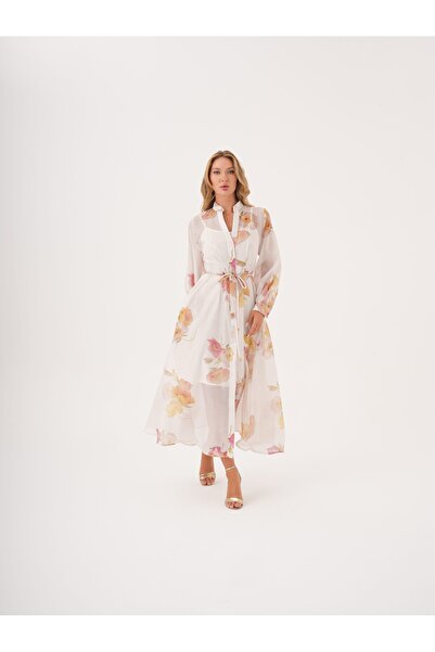 SERPİL Kuşaklı Çiçek Desenli Şifon Gömlek Elbise