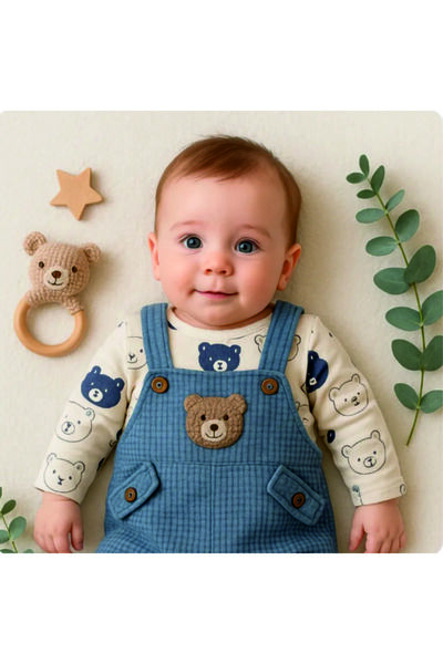 Baby Wings Bear Embroidered Baby Boy Salopet Set of 3 – Bodysuit, Salopet and Socks
