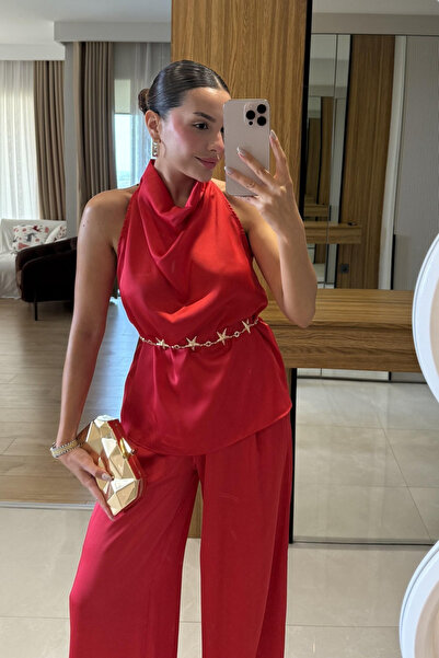 My Blog Kırmızı Saten Bluz Pantolon Takım - 304900
