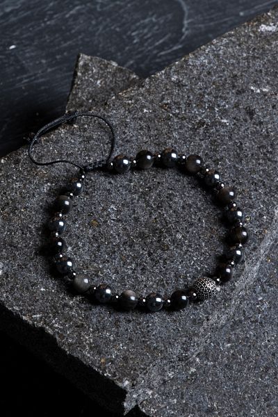 OSMANLI DOĞAL TAŞ Certified Obsidian, Hematite Silver Apparatus Natural Stone Macrame Bracelet