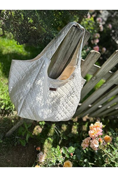 Handmade By MBK KAPİTONE BAKLAVA DESENLİ KUMAŞ HEYBE ÇANTA- EKRU