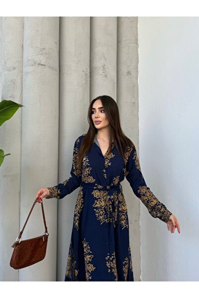 Genel Markalar Yaprak Desen Kuşaklı Gömlek Elbise