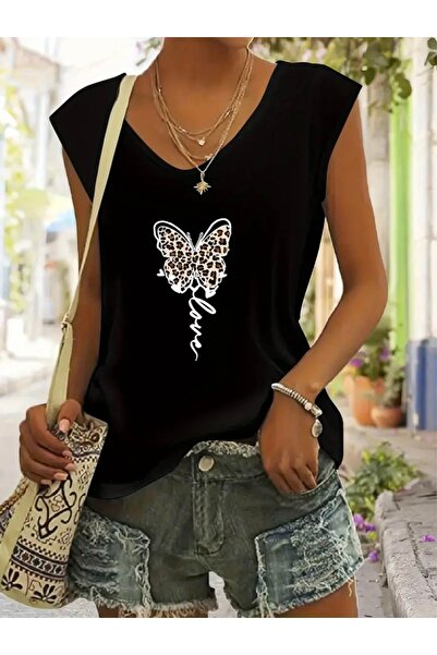 FUFLUNS تي شيرت نسائي كبير الحجم بدون أكمام مطبوع عليه فراشة