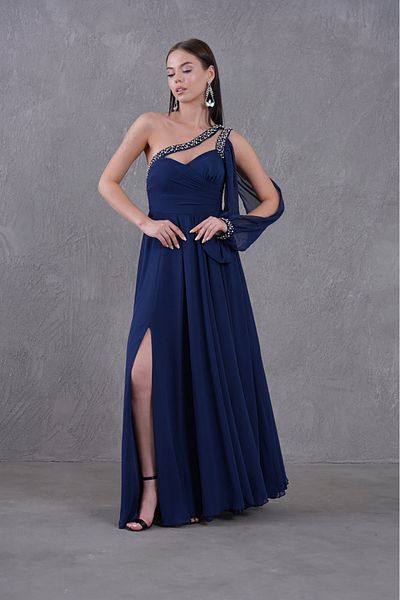 Neşeli Butik Women's Stone Embroidered One Shoulder Slit Chiffon Evening Dress Nbs9368