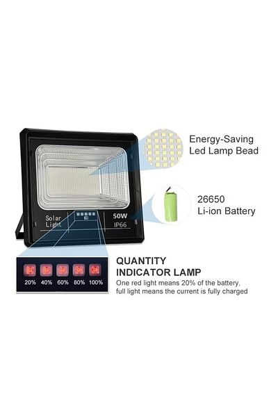 divendi-ro Solar spotlight 50W, with panel and remote control, Jortan, 70 SMD LEDs, 6500k, 9000lm, IP66, abs
