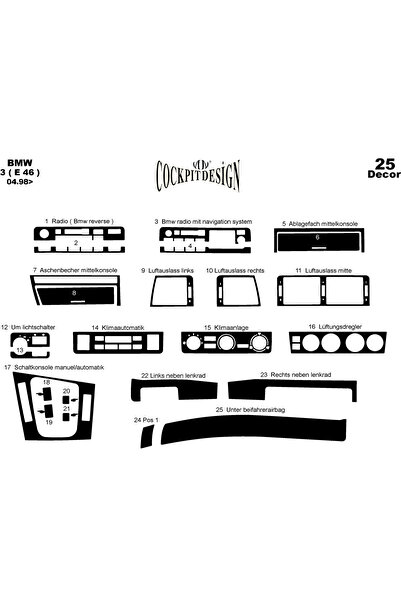 Marscockpitdesign BMW 3 Series E46 كونسول متوافق مع توربيدو 1998-2004 25 قطعة