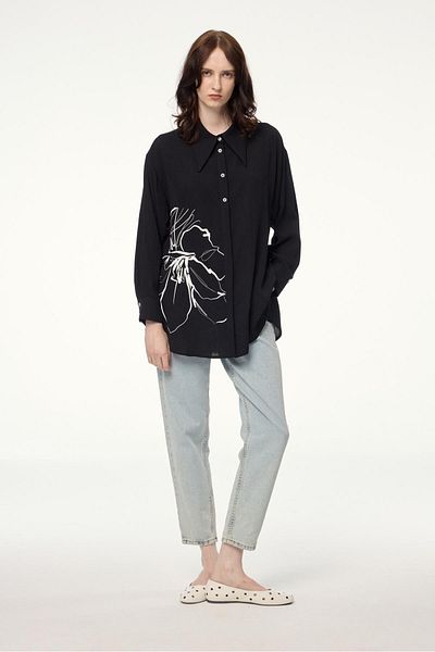 Zühre Patterned Long Sleeve Black Shirt G-0110