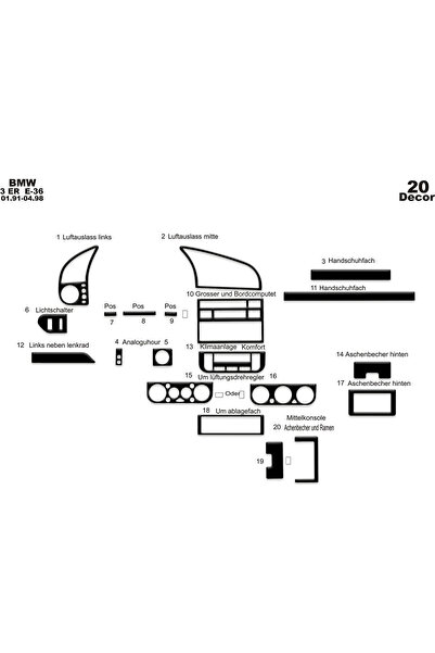 Marscockpitdesign Bmw 3 E36 كونسول متوافق مع توربيدو 1991-1998 20 قطعة