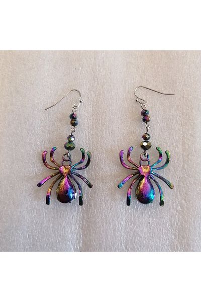 Butik Tülin Authentic Multicolor Metal Cutout Shiny Crystal Stone Spider Dangle Earrings 6X2.8Cm Made in Thailand