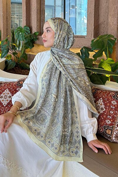 lamelif Retro Desen Pamuk Şal Sarı