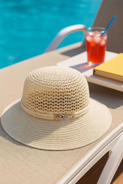 cotonhause Women's Mesh Knitted Straw Look Summer Beach Hat – Chain Detailed 24740-16