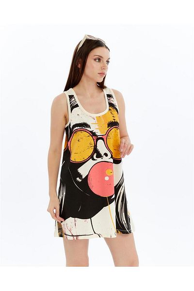 S-Ponder Women's Cotton Pop Art Printed Relaxed Fit Mini Dress - Summer Tunic