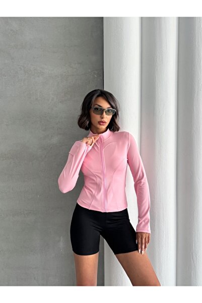 Miss Prova Pembe Vücuda Oturan Fermuarlı Dik Yaka Örme Spor Ceket Mıssce05922