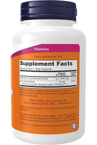 Now Foods Supplements C-1000 Vitamin & Zinc Immune Support Antioxidant Protection 90 Veg Caps